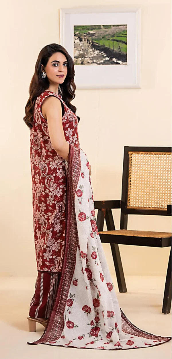 Red Printed 3-Piece Dobby Lawn Suit for Women – Soft & Comfortable Summer Dress | Pakistani Lawn Suit