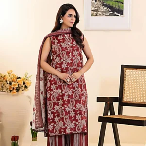 Red Printed 3-Piece Dobby Lawn Suit for Women – Soft & Comfortable Summer Dress Pakistani Lawn Suit