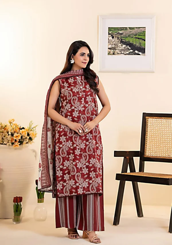Red Printed 3-Piece Dobby Lawn Suit for Women – Soft & Comfortable Summer Dress Pakistani Lawn Suit